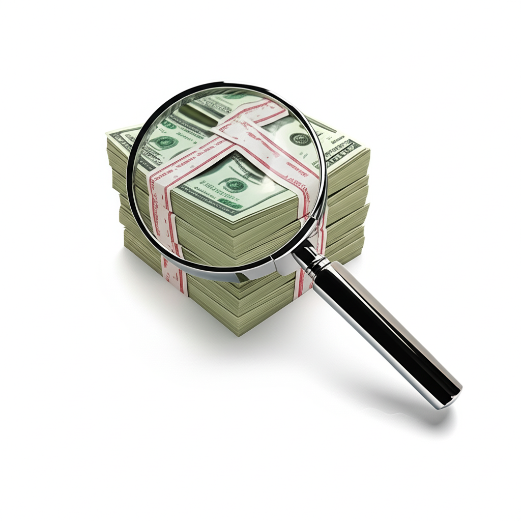 Stack of money with a magnifying glass on a white background